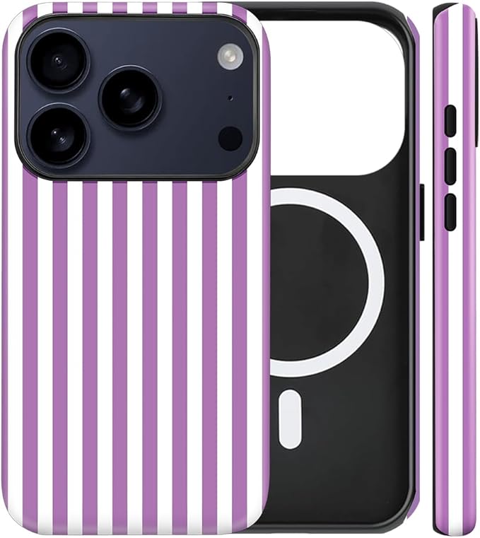 Magnetic for iPhone 17 Pro Case Cute Stripes Phone Case, Shockproof Slim TPU and Hard PC Protective Phone Cover Compatible with MagSafe Designed for Women Girls, Purple