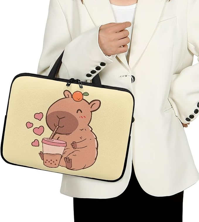 17 Inch Capybara Bubble Tea Laptop Sleeve, Protective Tablet Case with Handle, Water Resistant Zipper Computer Bag Carrying Case Notebook Cover Messenger Briefcase for Women