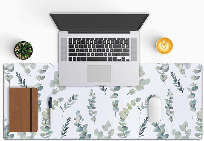 Gaming Large Mouse Pad with Stitched Edges, Watercolor Eucalyptus Branches Pattern Desk Mat, Extended Keyboard Pad, Non-Slip Rubber Base Desk Pad for Keyboard and Mouse, 31.5X11.8 inch