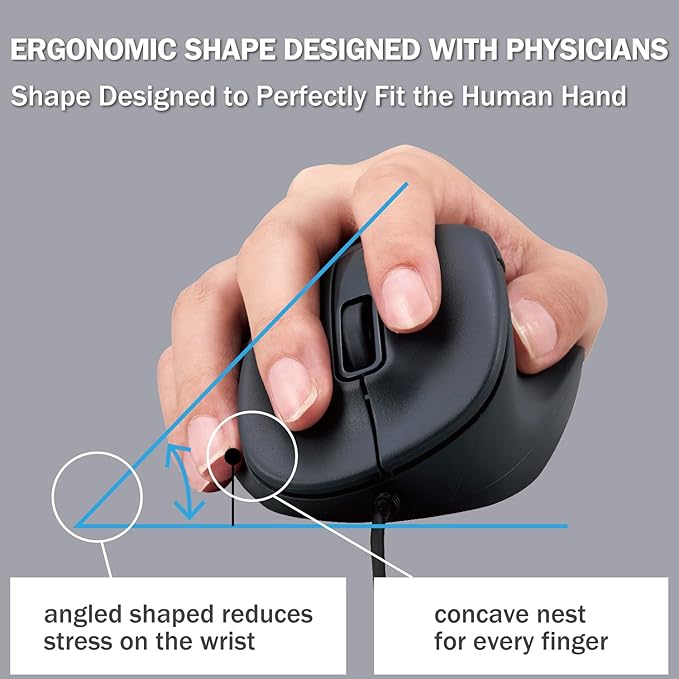 ELECOM Wired USB Ergonomic Shape Mouse, Silent Click, Right Hand, 2000DPI, 5 Buttons, Optocal Sensor, Compatible with PC, Mac, Laptop, EX-G, Lsize Black (M-XGM30UBSKBK)