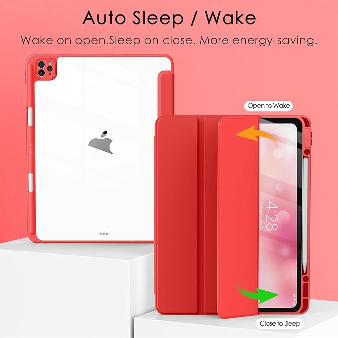 Soke Case for iPad Pro 12.9 Inch (6th/5th/4th/3rd Generation, 2022/2021/2020/2018) - Pencil Holder + Auto Sleep/Wake + Camera Protection, Transparent Shockproof Back Cover, Burgundy Red