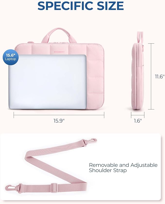 BAGSMART Laptop Case with Handle, Puffy Laptop Sleeve Bag for Women, MacBook Case for Dell, HP, Lenovo, MacBook Air/Pro, 15-15.6 inch, Pink