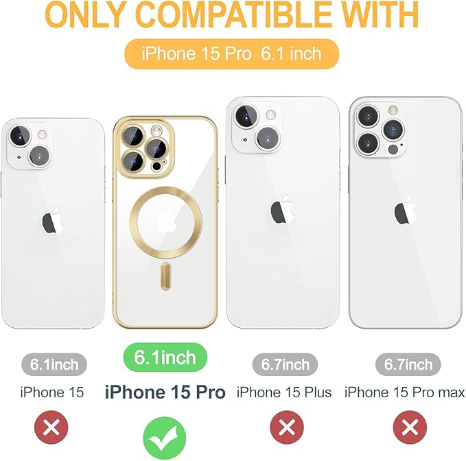 Hython Magnetic Clear for iPhone 15 Pro Case with Camera Lens Protector [Compatible with MagSafe] Luxury Plating Edge Slim Soft TPU Cover Protective Phone Case for iPhone 15 Pro 6.1", Matte Gold