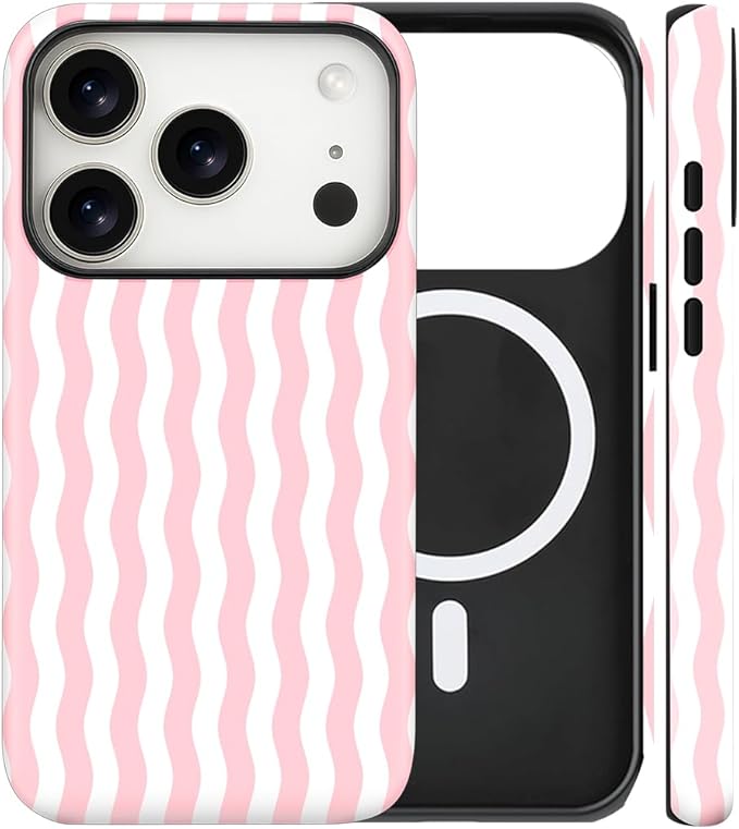 Magnetic for iPhone 17 Pro Max Case Cute Wavy Stripes Phone Case, Shockproof Slim TPU and Hard PC Protective Phone Cover Compatible with MagSafe Designed for Women Girls, Pink