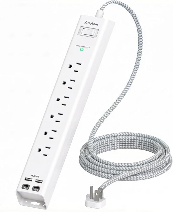 Addtam Power Strip Surge Protector - 2ft Short Extension Cord with 6 Outlets and 4 USB Ports (2 USB C), Ultra Flat Plug Wall Mount, Compact Charging Station for Travel Office Home