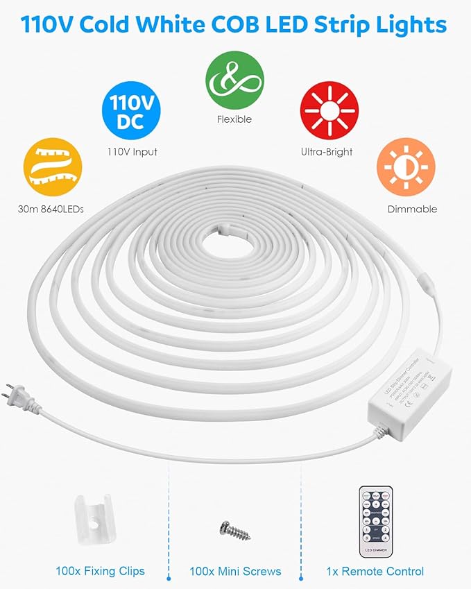 Aclorol 110V COB LED Strip Lights Outdoor Waterproof 100FT AC 120V LED Rope Light Dimmable COB Flexible Light High Density Uniform Light LED Strip Super White 6000K for Commercial Grade Building
