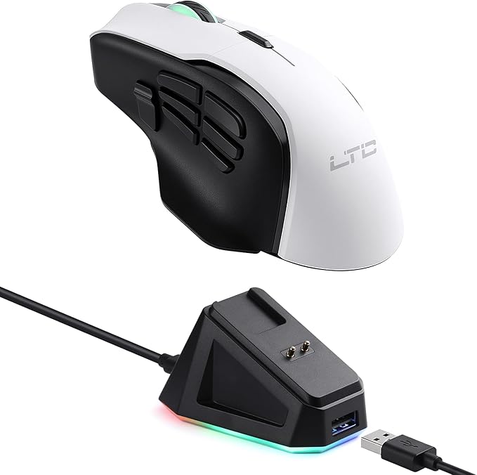 LTC MKM071 Wireless MMO Gaming Mouse with RGB Charging Dock, Tri-Mode (2.4G/Bluetooth/Wired), 12000 DPI PAW3311 Sensor, 11 Programmable Buttons, 7 Side Buttons, 1000Hz Polling Rate, Ergonomic