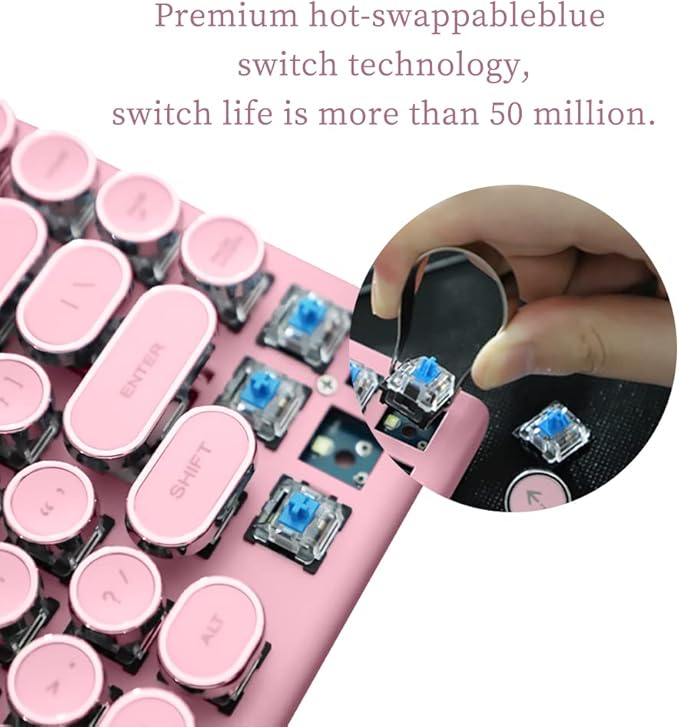 Adventurers Typewriter-Style Retro Mechanical Keyboard LED Backlight 83 Keys Bluetooth 5.0 Blue Axis,Compatible with iOS/Android/Windows/Vista/Linux/Mac Office/Gaming, 12.3x6.6x1.6in (Pink)