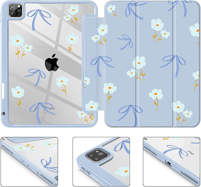 Mektron Case for iPad Pro 11 inch Case M2 2022 Generation 4th, Fit 2021 2020 2018 iPad Pro 11" (3rd, 2nd & 1st Gen) -Buit in Pencil Holder with Shockproof Cover Clear Shell, Blue Bows & Flowers