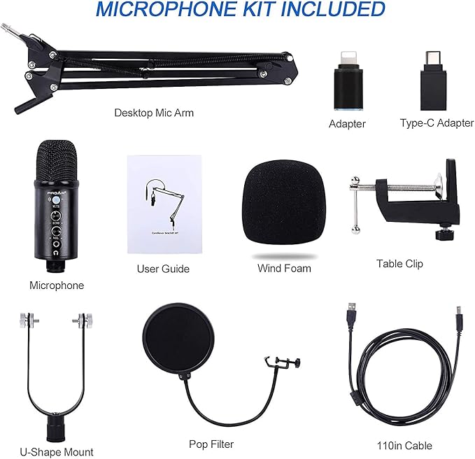 USB Microphone Condenser Computer PC Gaming Mic Podcast Microphone Kit for Streaming,Recording,Vocals,ASMR,Voice,Cardioid Studio Mic for Phone/Pad/Android/MAC/Laptop/PS4/USB C Phone,YouTube