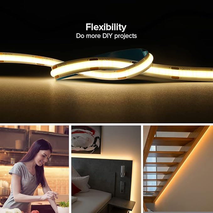 16.4FT COB LED Strip DC24V Warm White Flexible High Density Uniform Bright Light Strip, 480LEDs/m CRI90+ Dimmable 3000K LED Light for DIY Kitchen Bedroom Home Decor, No Power and Controller