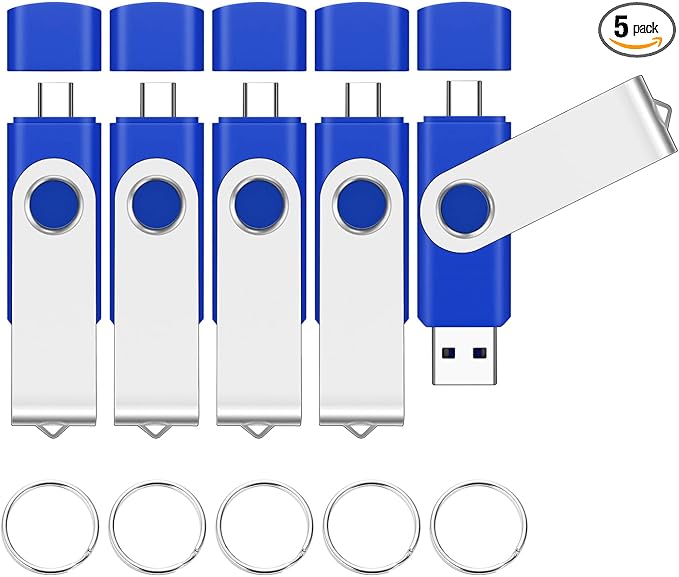 EASTBULL 4GB USB2.0 & Type-C Flash Drives 5-Pack 2-in-1 FAT32 USB C Drive Bulk USB-A + USB-C Thumb Drives Pack OTG Memory Sticks Compatible with Smartphones, Computers, Tablets, Mac (Blue)