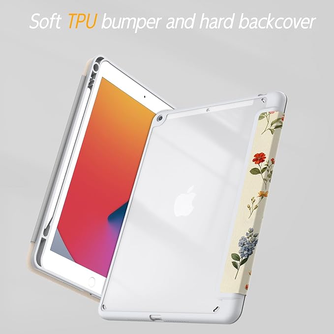 Case for iPad 9th / 8th / 7th Generation (2021/2020/2019) 10.2 inch, Case with Pencil Holder, Stand Clear Back Cover Cute Cool Design for Women Girls, Auto Sleep/Wake, Wildflower B
