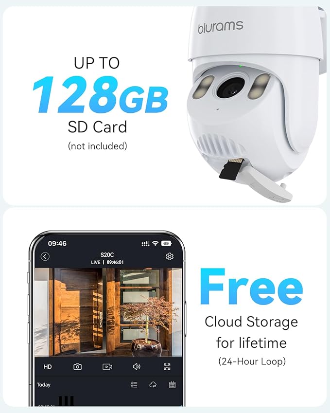 blurams 2Pack Security Cameras Outdoor Wired, 2K 360° PTZ Outdoor Security Camera, Weatherproof, 24/7 Recording with SD Card, Color Night Vision, AI Human Tracking, 2.4/5GHz WiFi6, Work with Alexa