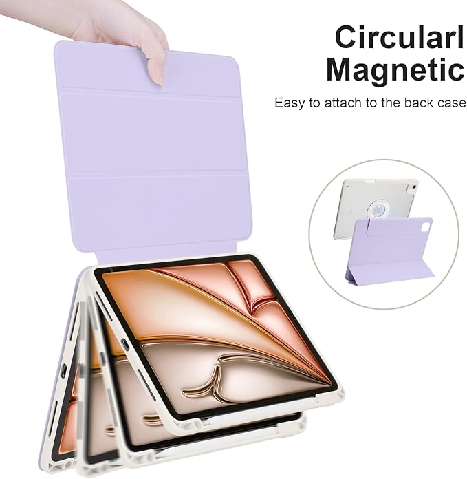 Case for iPad Air 13 Inch M4/M3/M2 2026/2025/2024, iPad Pro 12.9" 6th/5th Gen. 2022/2021 with Pencil Holder, Vertical Stand, Detachable Magnetic Trifold Stand Case,Auto Wake/Sleep,Lilac+White