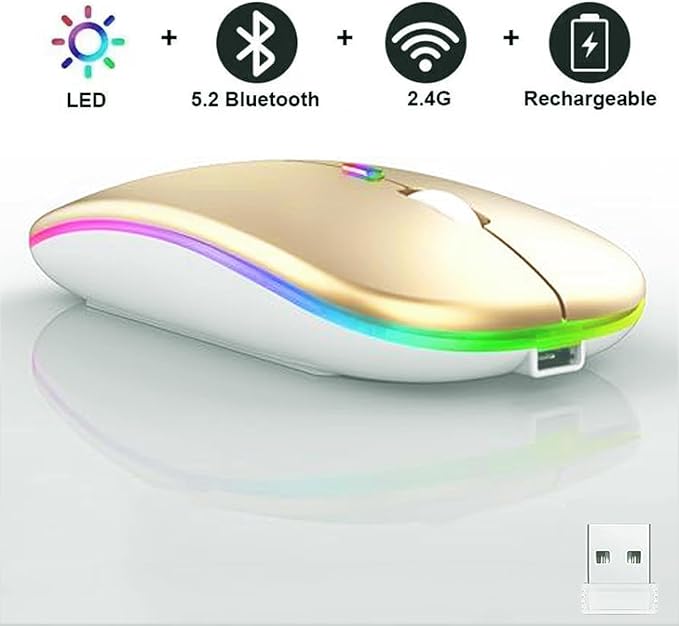 Guiheng Wireless Bluetooth Mouse,LED Dual Mode Rechargeable Silent Slim Laptop Mouse,Portable(BT5.2+USB Receiver) Dual Mode Computer Mice,for Laptop,Desktop Computer,ipad Tablet,Phone,TV (Gold)
