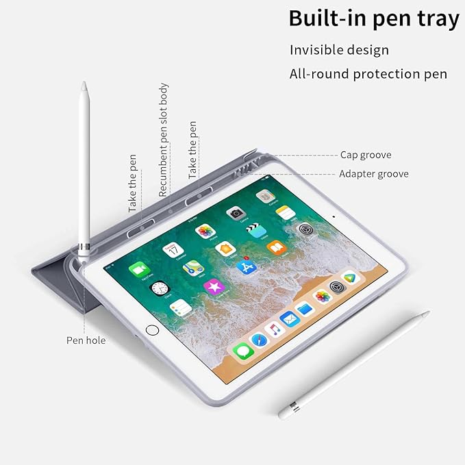 Aoub Case for iPad 9.7 inch 6th/5th Generation Case 2018/2017 with Pencil Holder, Thin Lightweight Smart Stand Cover, Auto Wake/Sleep, Model A1822/A1823/A1893/A1954, Purple Gray