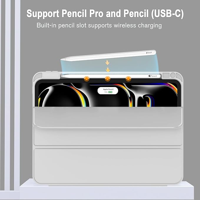 ZryXal iPad Pro 11 Inch Case (M5) 2025/ (M4) 2024 (Model: A2836/A2837/A3006), Trifold Stand Smart Cover with Pencil Holder and Soft TPU Back, Auto Wake/Sleep (New Light Gray)