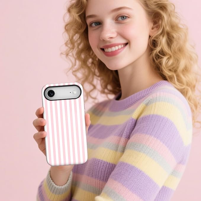 Magnetic for iPhone 17 Air Case Cute Stripes Phone Case, Shockproof Slim TPU and Hard PC Protective Phone Cover Compatible with MagSafe Designed for Women Girls, Pink and White