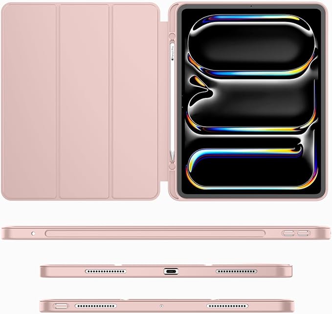 iMieet Case for iPad Pro 11 Inch (M5) 2025 /(M4) 2024 5th Gen, Trifold Stand Smart Cover with Pencil Holder and Soft TPU Back, Auto Wake/Sleep (Rose Pink)