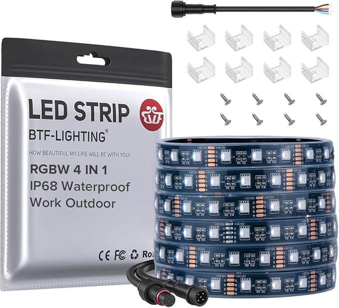 BTF-LIGHTING IP68 Waterproof Outdoor RGBW LED Strip 5050SMD RGB+Cool White(6000K-7000K) 4 Colors in 1 DC12V 5m 16.4ft 60LED/m Multi-Colored Tape Lights Can Work Outdoor(No Adapter or Controller)