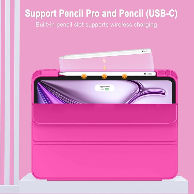 ZryXal New iPad Air 13 Inch Case M3 2025/M2 2024 with Pencil Holder, Trifold Stand Smart Case with Soft TPU Back,Auto Wake/Sleep(Rose Red)
