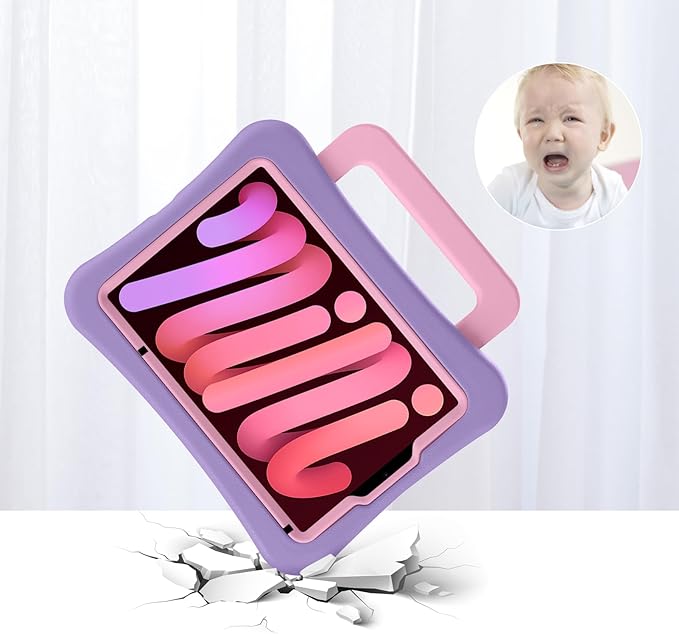 Kids Case for iPad Mini 7 (A17 Pro) 2024 /iPad Mini6 2021, Light Weight Heavy Duty/Shockproof/Drop Proof with Handle/Kickstand, Child Friendly Cover for iPad Mini 7th/6th Gen 8.3inch (Purple Pink)