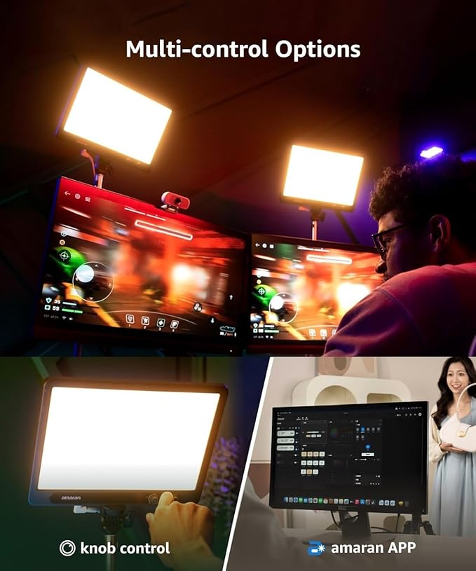Amaran Verge Edge-lit Rectangular Panel Light, 96+ CRI,0-100% Brightness & 2700K-6500K,Bi-Color,Front-Facing Knobs and APP Control, USB-C PD, Silent for Streaming & Video Gaming Studio (Charcoal)