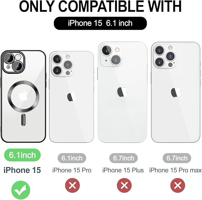 Hython Magnetic Clear for iPhone 15 Case with Camera Lens Protector [Compatible with MagSafe] Luxury Plating Edge Slim Soft TPU Cover Protective Phone Case for iPhone 15 6.1", Black