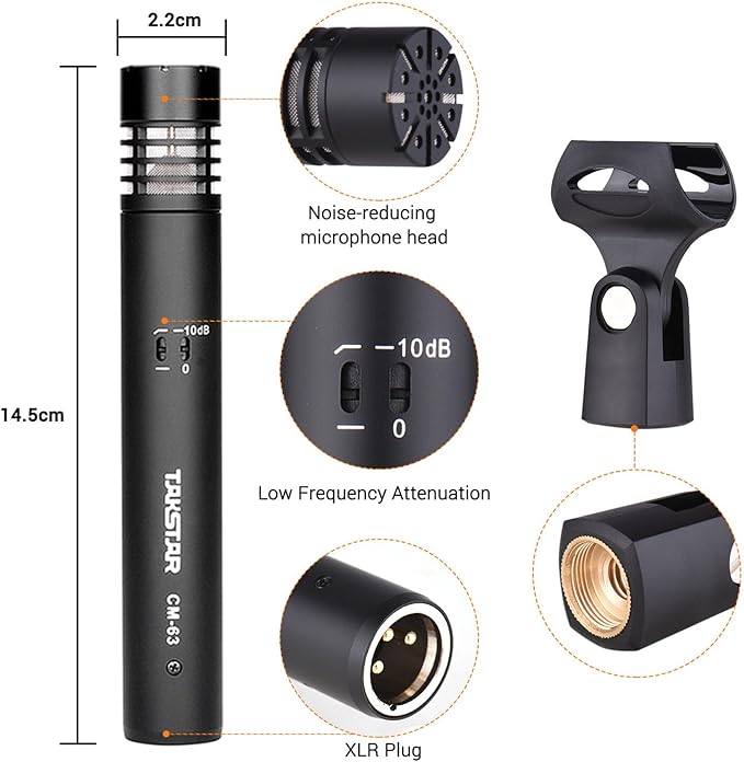 TAKSTAR Instrument Microphone with Clip, Cardioid Condenser Professional Instrument Mic, XLR Gold-Plated Diaphragm Sound Head Microphone for Studio, Instrument, Interview, Radio Stations CM-63