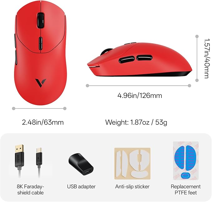 Rapoo VT2 Wireless Gaming Mouse, True 8K Wireless Polling Rate, 53g Lightweight, Up to 750 Hr Battery, Nordic nRF54L15 MCU, 100-Million Mechanical Switch, 10 Programmable Buttons, Macro Enabled