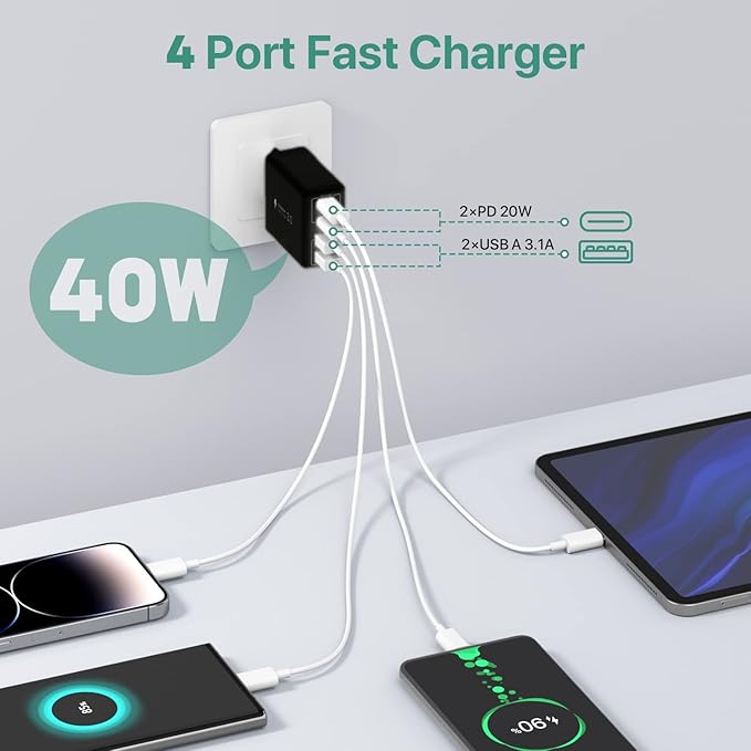 sccvee [2 Pack] USB C Wall Charger, 40W 4-Port USB C Charger Block,Fast Charging Block Dual Port PD+QC Wall Plug Multiport Type C Compatible with iPhone 14/13/12/Pro Max/XS/XR/8,Tablet(Black)