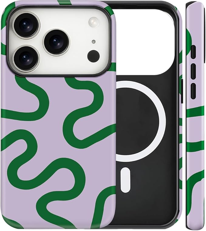 Magnetic for iPhone 17 Pro Case Cute Curved Stripes Phone Case, Shockproof Slim TPU and Hard PC Protective Phone Cover Compatible with MagSafe Designed for Women Girls,Green