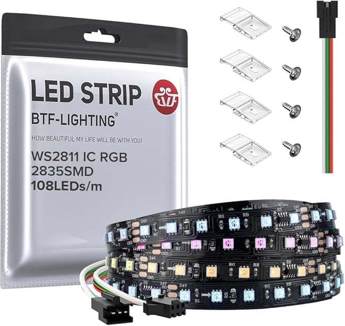 BTF-LIGHTING 2835SMD WS2811 IC RGB Chasing Color LED Strip Light 9.8FT DC24V 108LED/m 18Pixels/m 8mm Width Flexible Addressable Strip for Bedroom Desk Home Indoor Decor (No Adapter or Controller)