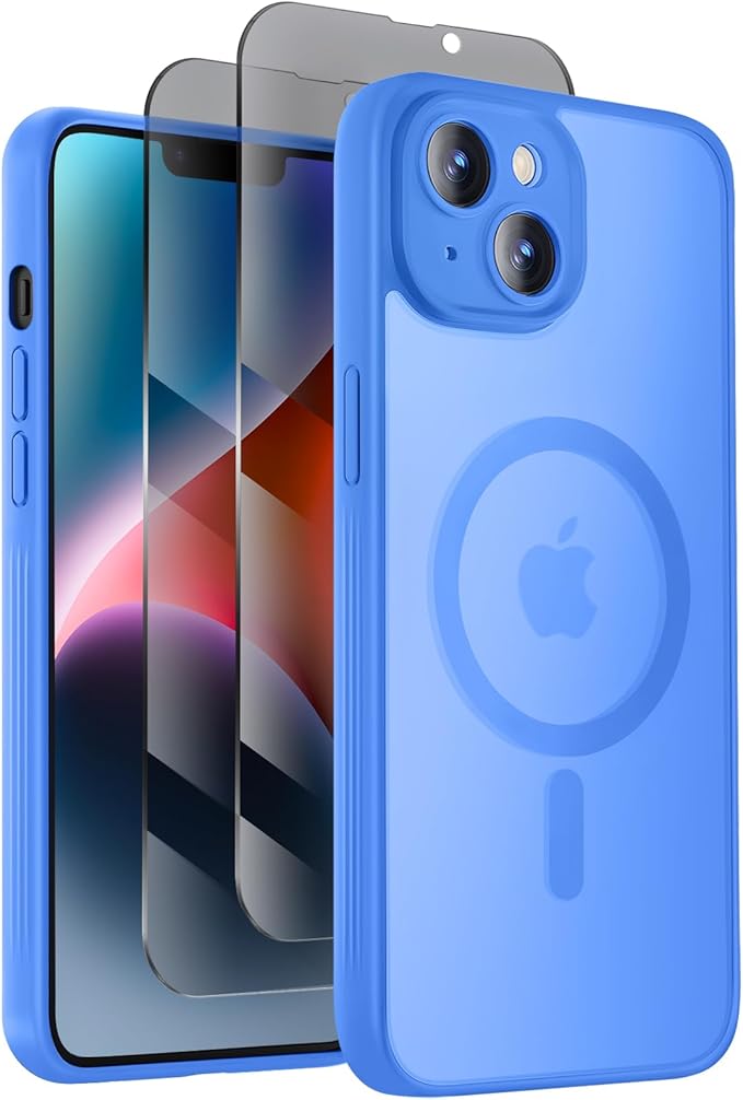 Symcele Designed for iPhone 14 Case, Compatible with MagSafe, with Privacy Screen Protectors X2, [Camera Protection] [15FT Military Drop Protection] Shockproof Phone Case, 6.1", Blue