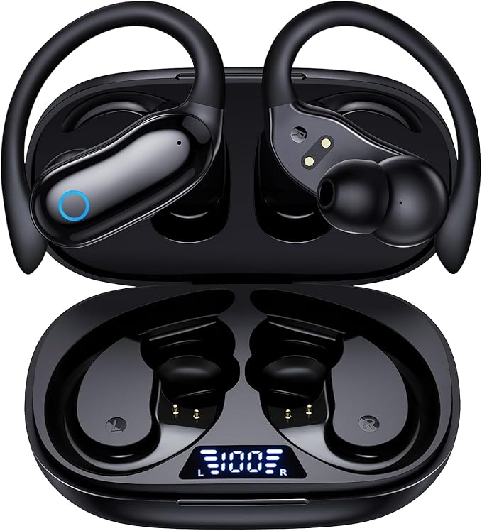 Active Noise Cancelling Ear Buds Wireless Earbuds 96hrs Playback Bluetooth Headphones Dual Battery Display Stereo Bass Earphones with Earhooks Microphone IPX7 Waterproof for Sports/Workout