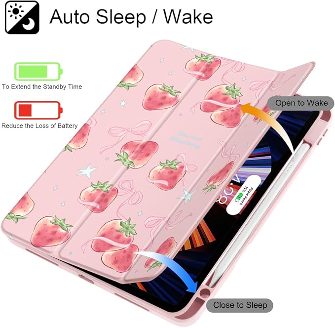 May Chen Case for iPad Pro 11-Inch M5/M4 2025/2024 (6th/5th Generation), Clear Transparent Print Back Shell Slim Stand Shockproof Tablet Cover, Auto Wake/Sleep, Bow Strawberry