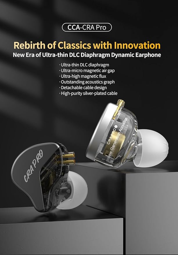 CCA CRA PRO in Ear Monitors, IEMs for Gaming, Ultra-Thin DLC Diaphragm Dynamic Driver Wired Gaming Earbuds, Deep Bass Clear Sound Ear buds IEM Headphones, in Ears for Singer Musician (Silver,with Mic)