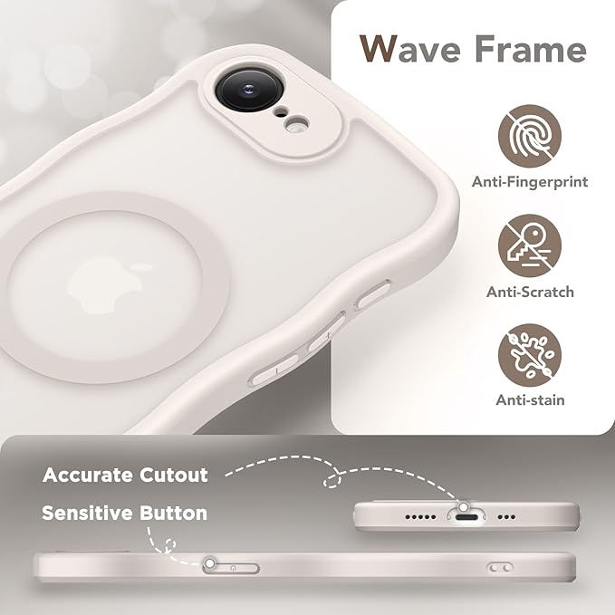 CAPRARO for iPhone 16e Case for Women Girls, Upgraded [Full Camera Protection] [Compatible with MagSafe] Cute Wave Translucent Matte Phone Case for iPhone SE 4 6.1-Inch, Stone