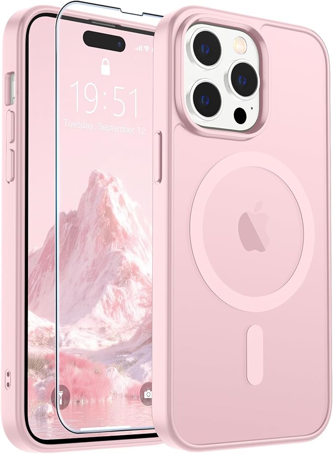 SUPFINE Magnetic for iPhone 14 Pro Case (Compatible with MagSafe) (Military Grade Drop Protection) Translucent Matte Shockproof Phone Cover,Light Pink