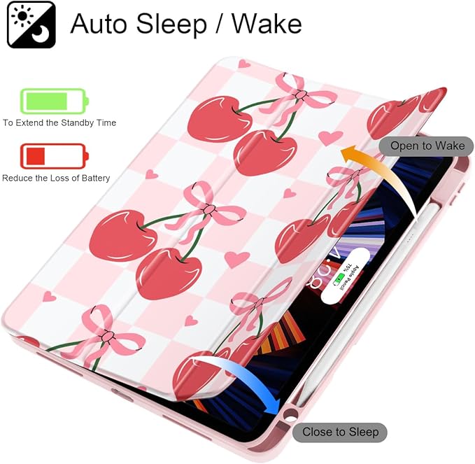 Mektron Case for iPad Pro 11 inch (4th, 3rd, 2nd & 1st Gen) 2022 2021 2020 2018, Buit in Pencil Holder with Shockproof Cover Clear Shell + Trifold Stand + Auto Wake/Sleep, Cherries Bows C353