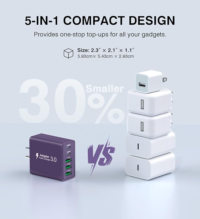 [2-Pack] USB C Wall Charger, 50W Charger Block 5-Port PD Fast Charging Blocks,Multiport 2USB C+3USB A Plug,Type C Power Adapter Brick Cube for iPhone 17/16/15/14/13/Pro,Samsung,for Switch（Purple）