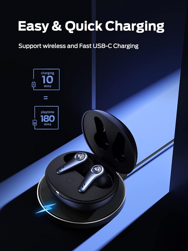 Monster Clarity 8.0 Hybrid Active Noise Cancelling Wireless Earbuds, 42dB in-Ear ANC Earphones Deep Bass with 6 Mics, Bluetooth 5.2, 50H Play Time with Wireless Charging Case，Blue