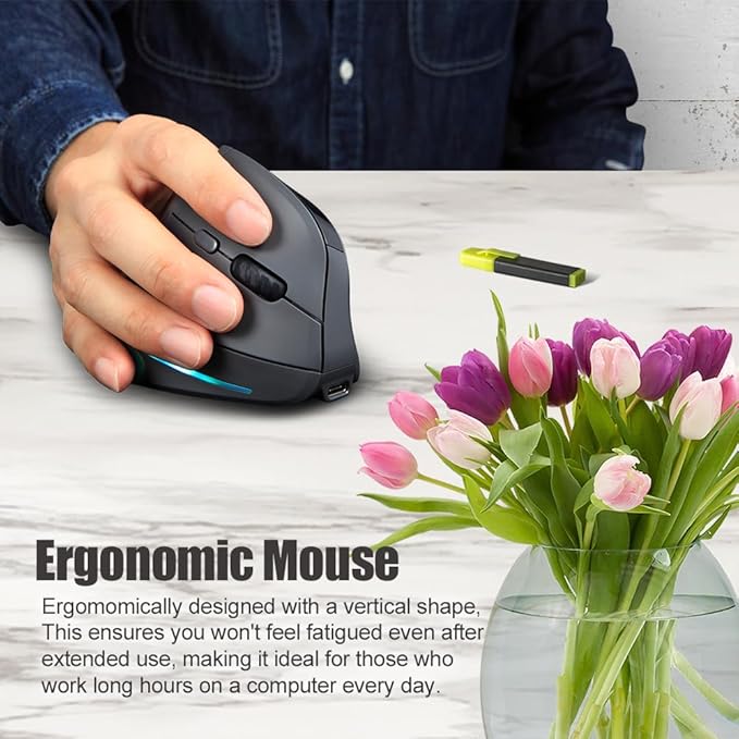 zelotes Bluetooth Wireless Vertical Mouse with Display,Rechargeable,Dual Mode (BT 5.0/3.0 + 2.4G USB Receiver),4000 DPI(5-Level Adjustable),Optical Portable Ergonomic Mouse for PC,Laptop,Tablets,Black