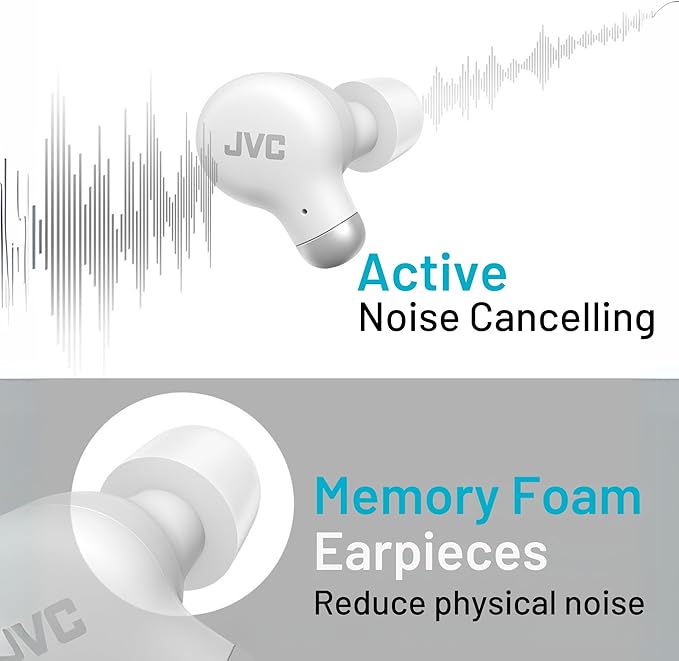 JVC Active Noise Cancelling True Wireless Earbuds - Bluetooth 5.3 with ANC - Comfortable Fit with S/M/L Silicon & Memory Foam Earpieces - IPX4 Water Resistant - 28 Hrs Playback - Compact Charging Case