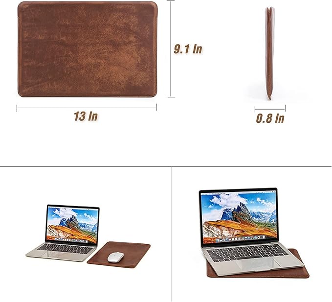 Top Grain Leather 13.3" Slim Laptop Sleeve Protector, Minimalist Vintage Design, Fully Handmade, Compatible with MacBook Pro 13.3" MacBook Air 2022 DELL XPS 13" & Other PC, Brown 13.3 Inch