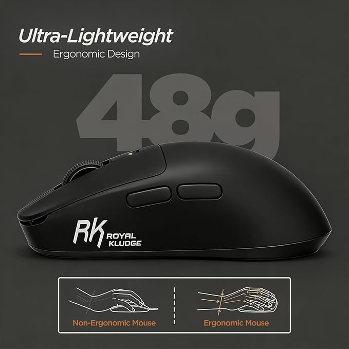 RK ROYAL KLUDGE RK MO3 Wireless Gaming Mouse, 48g Lightweight Computer Mouse, Bluetooth/2.4G/Wired Rechargeable PC Game Mice with Programmable Buttons, 6000 DPI, PAW3809 Sensor for Laptop/Mac, Black