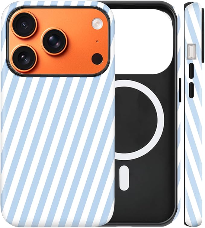 Magnetic for iPhone 17 Pro Case Cute Diagonal Stripes Phone Case, Shockproof Slim TPU and Hard PC Protective Phone Cover Compatible with MagSafe Designed for Women Girls,Blue