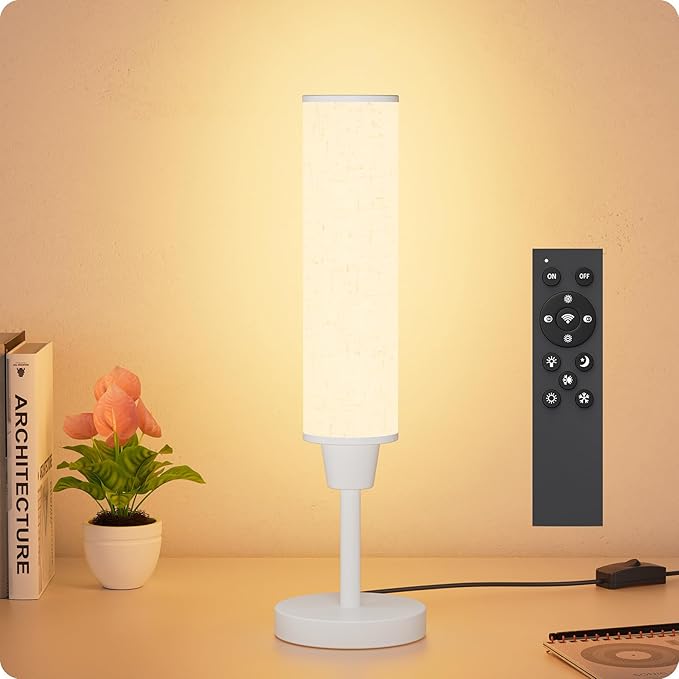 Nukanu Table Lamp with Remote，Bedside Lamps for Night Stands, Nightstand Lamp with Adjustable Brightness (10%-100%) and Color Temperature (3000k-6000k),Small Lamp for Bedroom (White-Beige Linen)