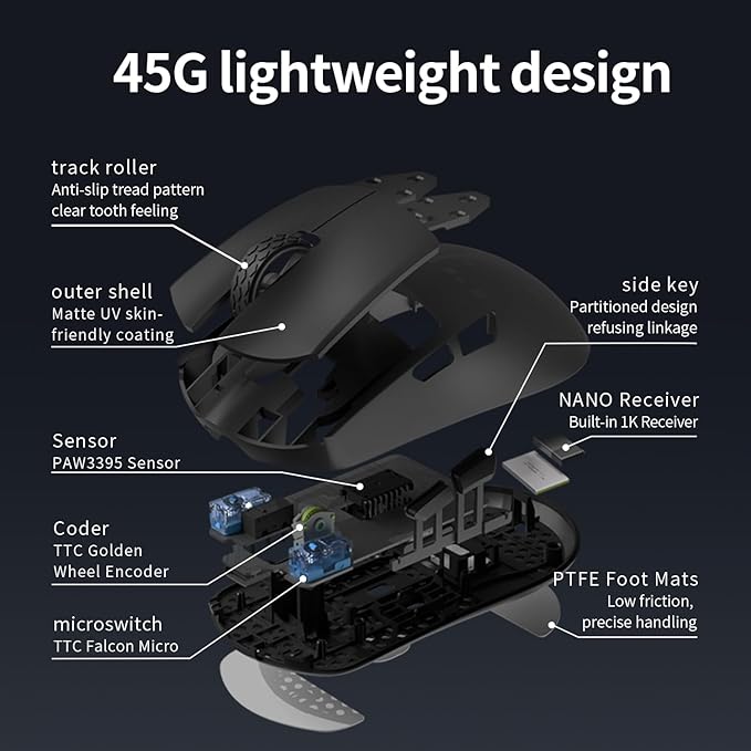 Darmoshark M3XS Mini Wireless Gaming Mouse,Tri-Mode 2.4G/USB-C/Bluetooth,Up to 26000DPI,PAW3395 Optical Sensor Lightweight 45g,5 programmable Button,Computer Mouse for Laptop,PC,Mac-B